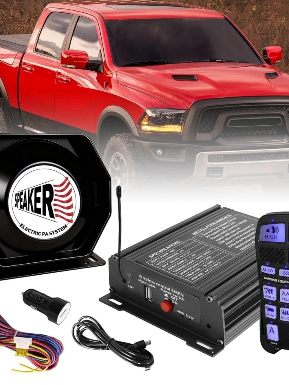 200W Emergency Police‎ Siren PA Speaker Kit Wireless Mic 30 Tones 12V IP67 Car